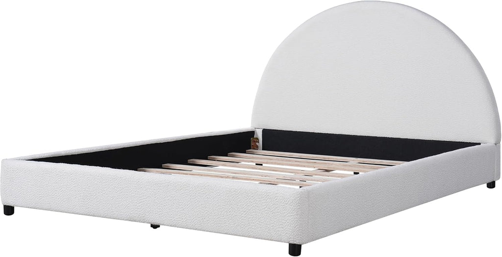 JIVOIT Modern Queen Size Bed Frame with Curved Round Headboard, Boucle Upholstered Platform Bed Frame with Sturdy Support Slats, No Box Spring Needed