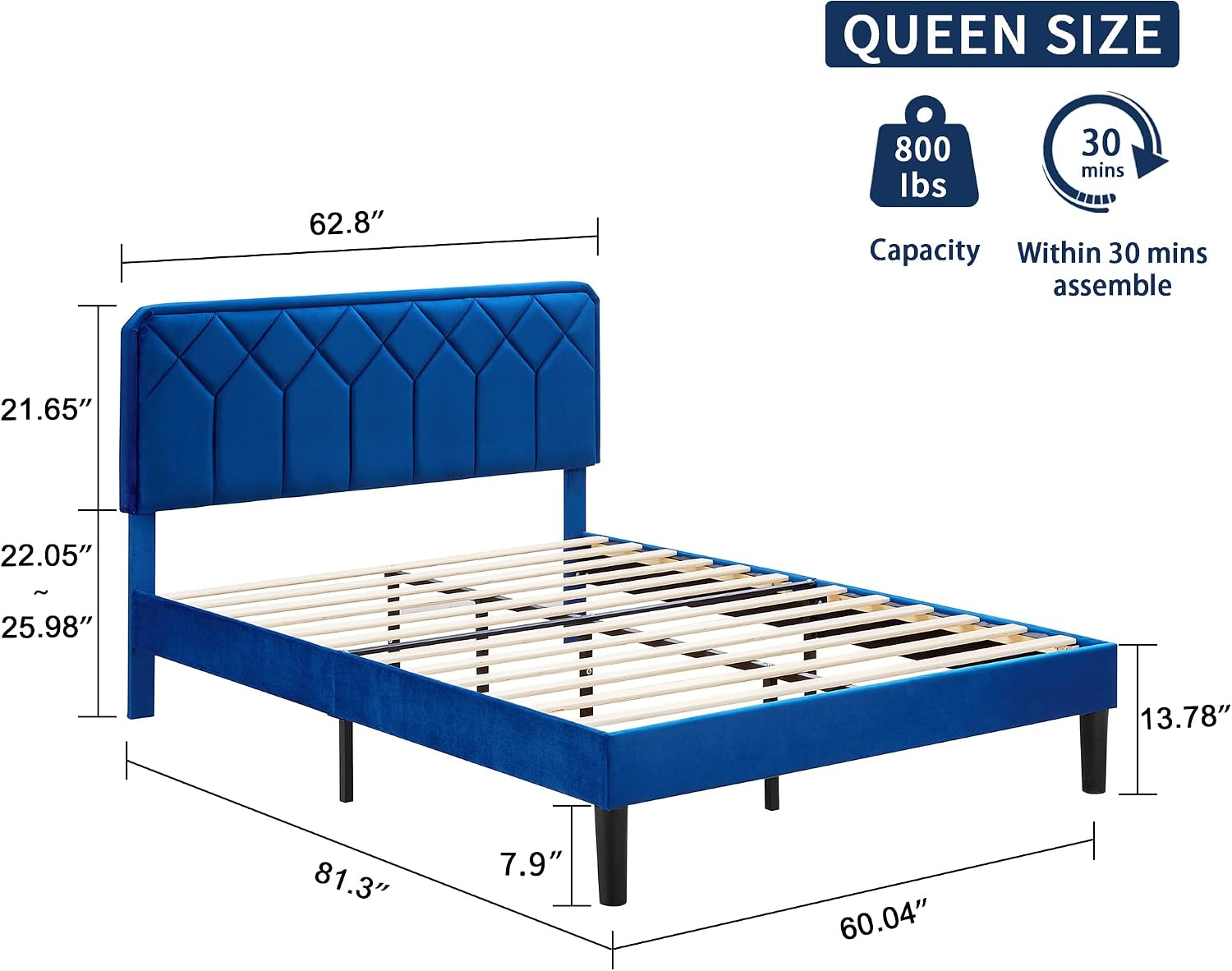 VECELO Queen Size Bed Frame, Velvet Upholstered Platform with Adjustable Headboard, Mattress Foundation with Solid Wood Slats, No Box Spring Needed, Easy Assembly