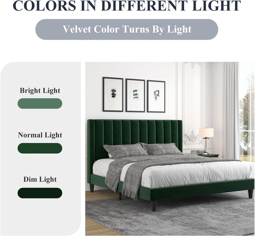 Allewie Queen Bed Frame/Velvet Upholstered Bed Frame with Vertical Channel Tufted Headboard/Strong Wooden Slats/Platform Bed Frame/Mattress Foundation/Box Spring Optional/Easy Assembly/Green