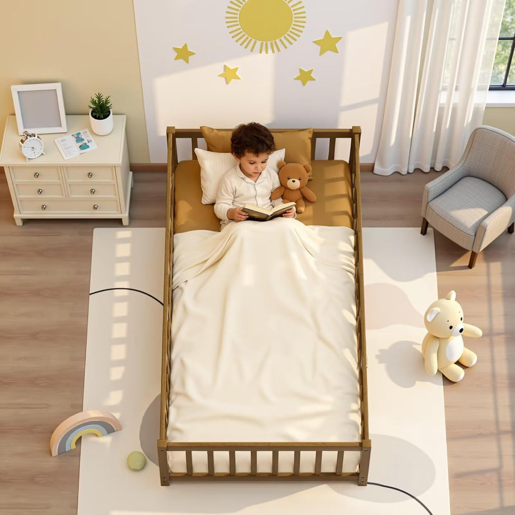 i-POOK Twin Floor Bed Frame with Wood Slats, High Fence & Small Door, Pinewood Montessori Floor Bed for Girls and Boys,Light Espresso
