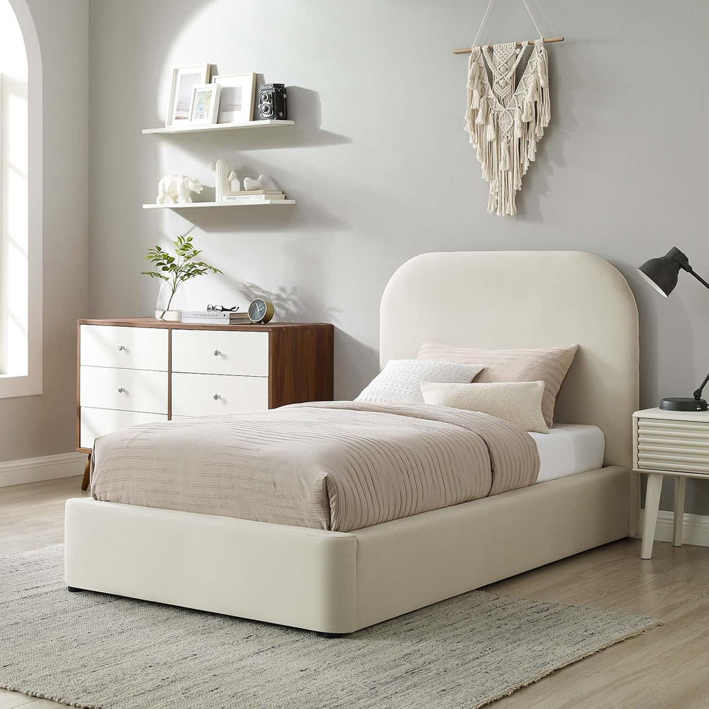 Modway Keynote Modern Bed Frame, Twin Size with Curve Shaped Headboard in Alabaster