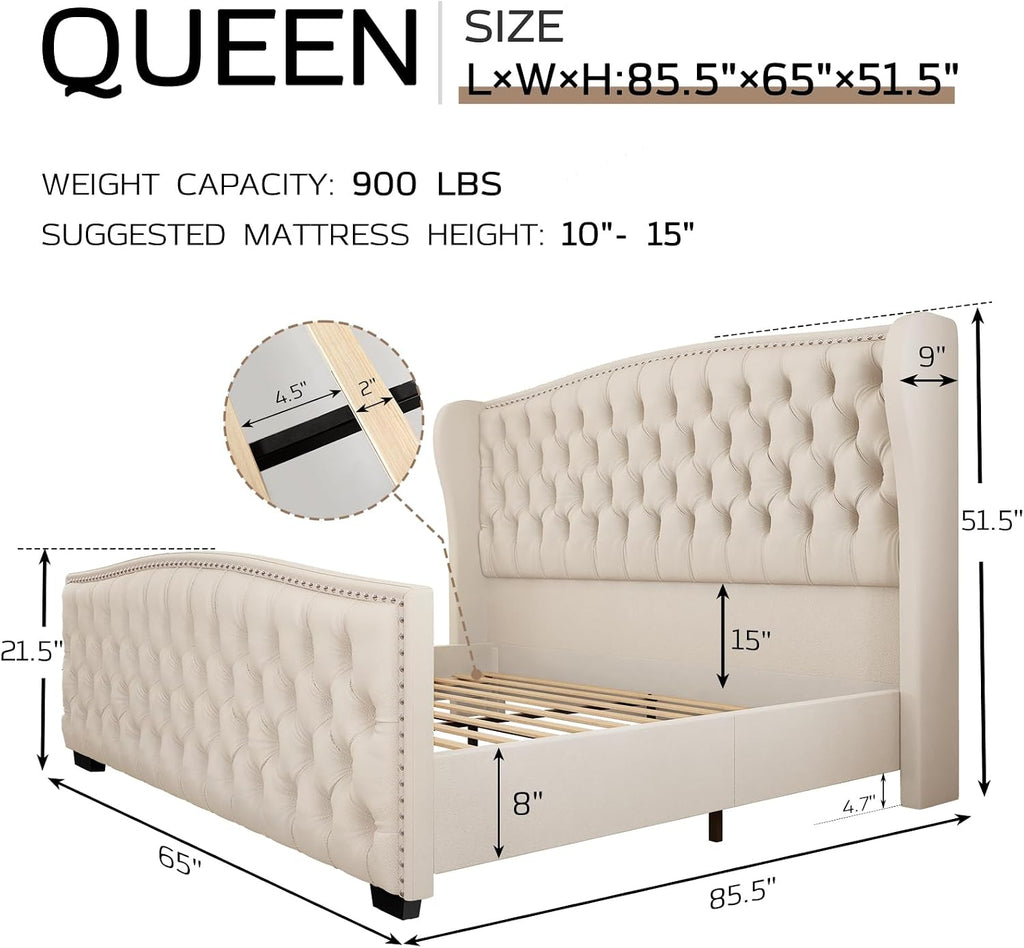 LUXOAK Queen Platform Bed Frame with Wingback Headboard, Velvet Upholstered Bed Frame with Handmade Button Tufted & Nailhead, Wooden Slats Support, Cream
