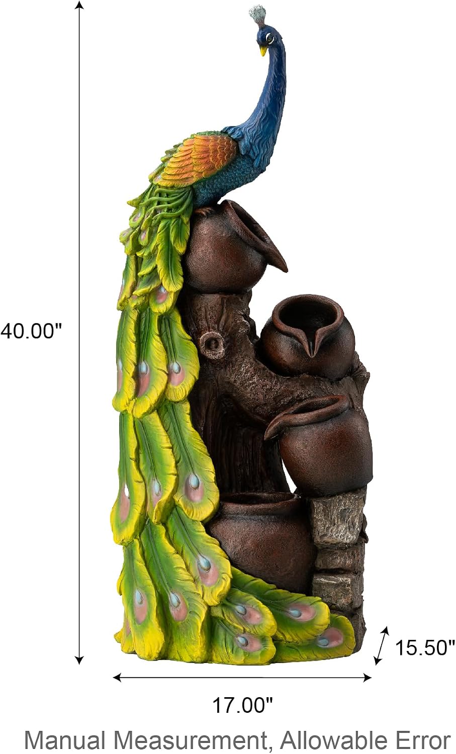 Glitzhome 4-Tier Oversized Peacock Sculpture with Jars Outdoor Water Fountain with LED Light, Resin Peacock Statue Waterfall Fountain with Submersible Pump for Garden Patio Porch, 40'H