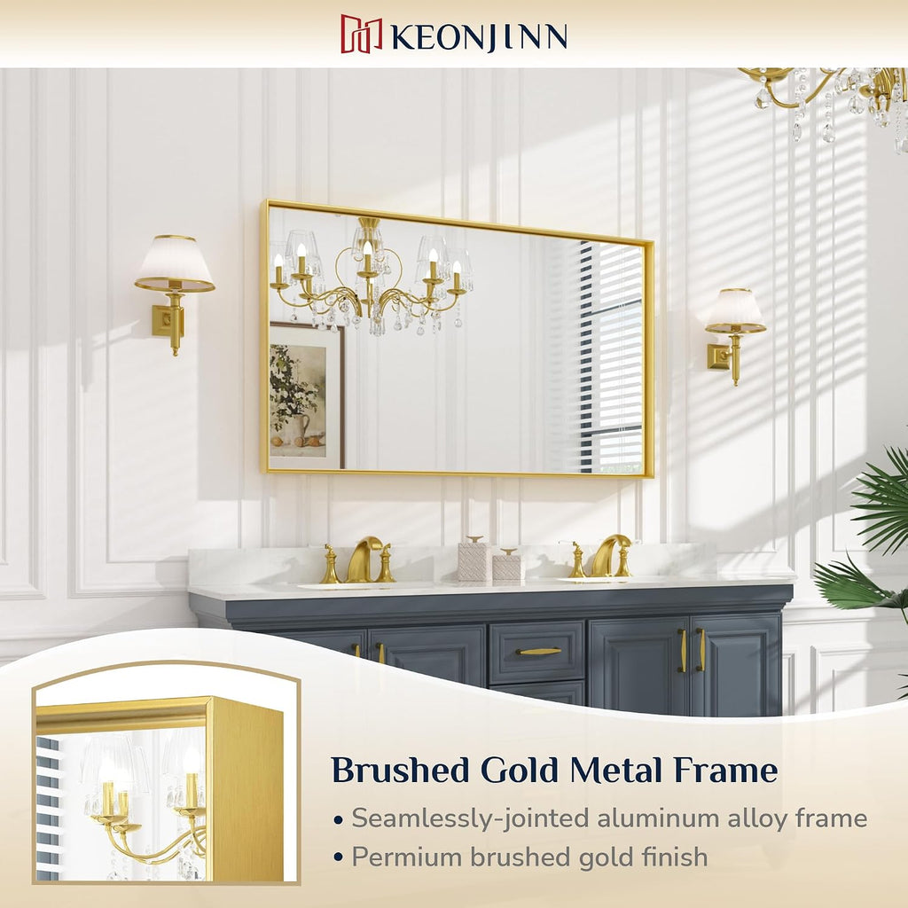 Keonjinn Gold Bathroom Mirror 48 x 30 Inch, Large Gold Trimmed Wall Mirror, Metal Framed Mirrors for Over Sink, Modern Farmhouse Rectangle Vanity Mirrors(Horizontal/Vertical)