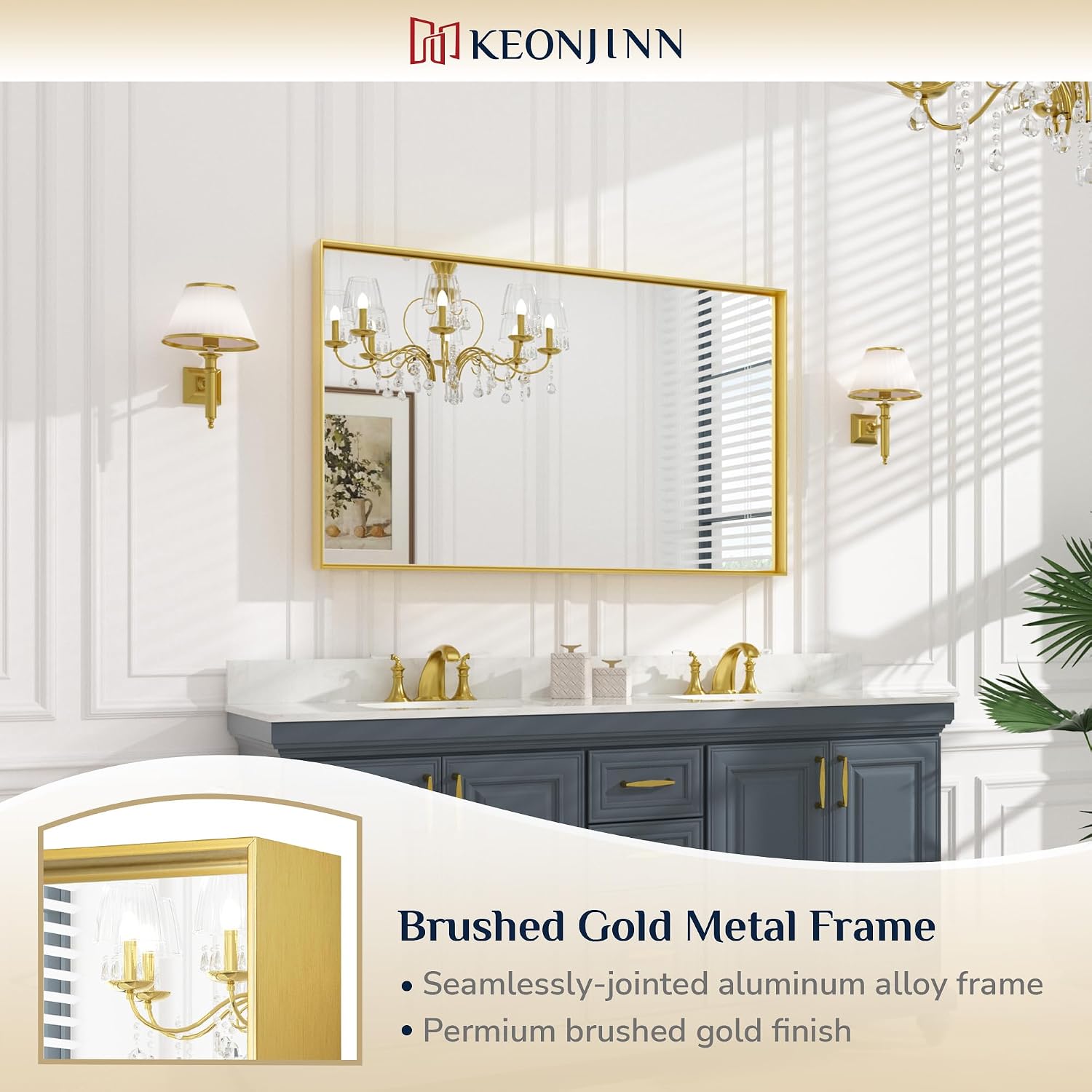 Keonjinn Gold Bathroom Mirror 48 x 30 Inch, Large Gold Trimmed Wall Mirror, Metal Framed Mirrors for Over Sink, Modern Farmhouse Rectangle Vanity Mirrors(Horizontal/Vertical)