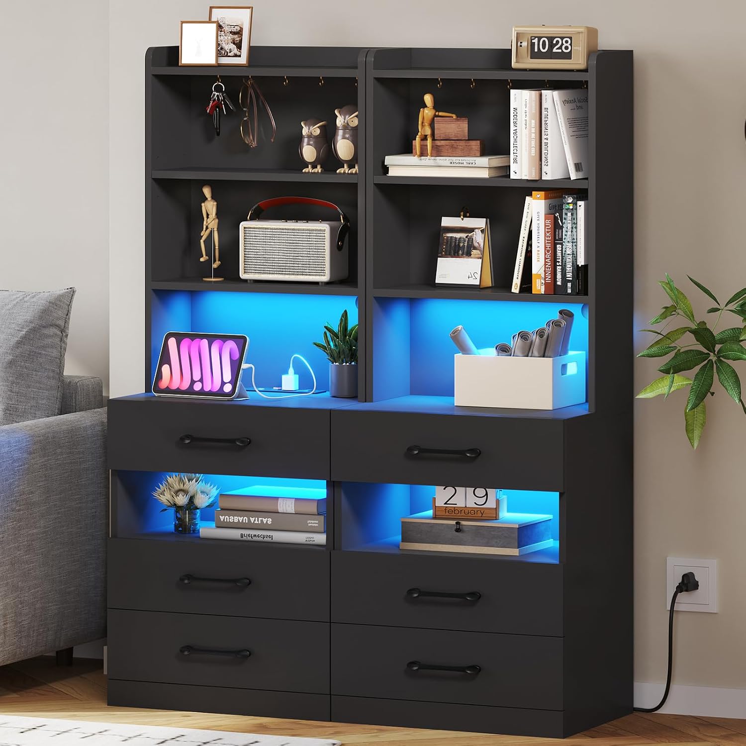 VIAGDO Tall Nightstand Set of 2 with Charging Station and LED Lights, Black Night Stand Set 2 with Bookshelf, Modern LED Bedside Tables with 3 Drawers and Storage Shelves, Side Tables for Bedrooms