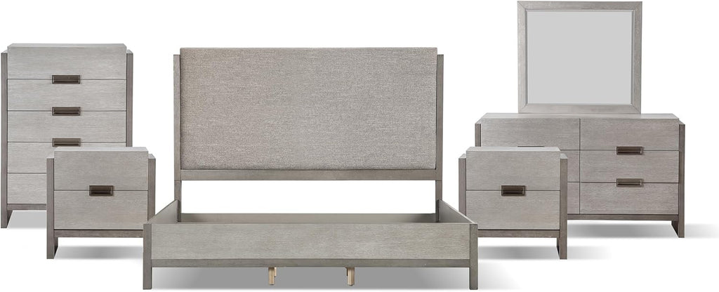 Furniture of America Burnett Solid Wood 6-Piece Bedroom Set, Queen-Size Bed with Padded Headboard, Felt-Lined Top Drawer, Stability and Durability Frame, Box Spring Required, Gray