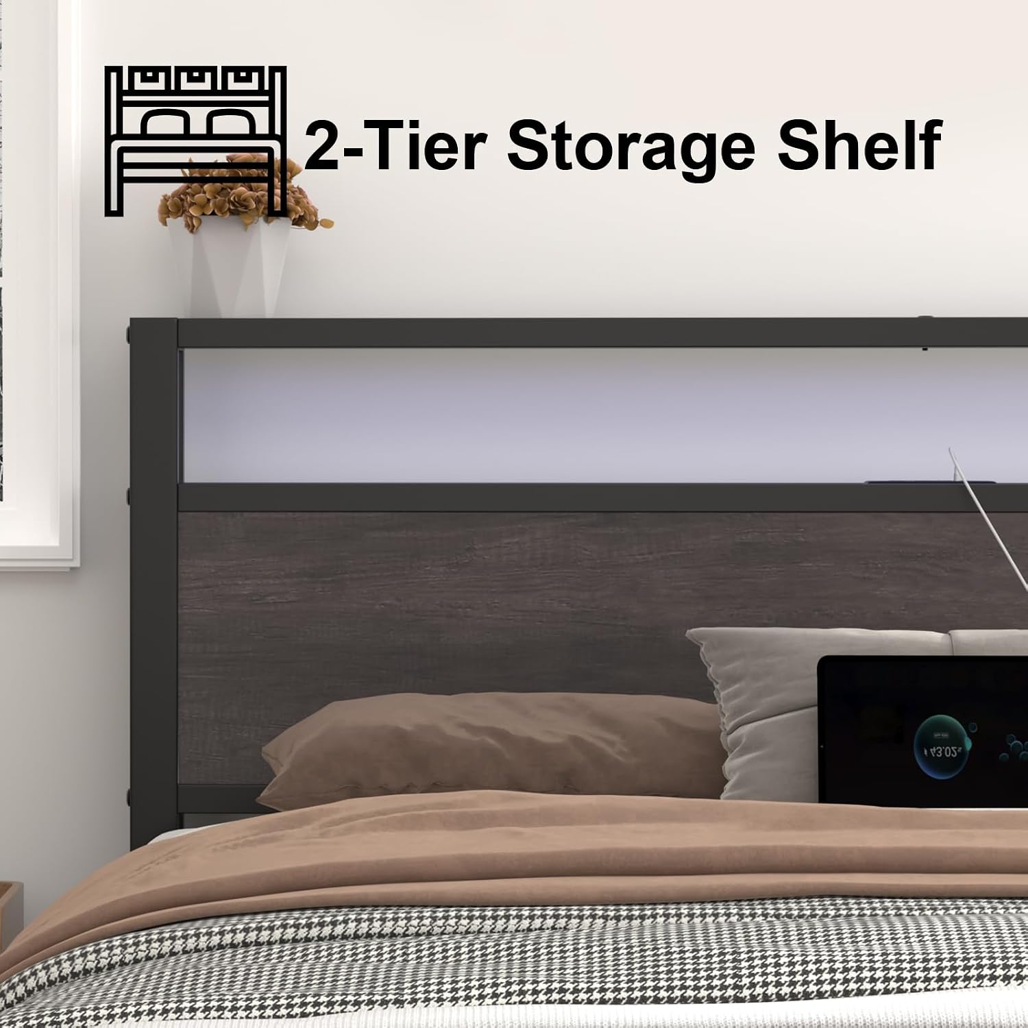 LoVinson Queen Size Bed Frame with Charging Station and LED Lights, Metal Platform Bed with 2-Tier Storage Headboard, Noise Free, No Box Spring Needed, Easy Assembly, Grey