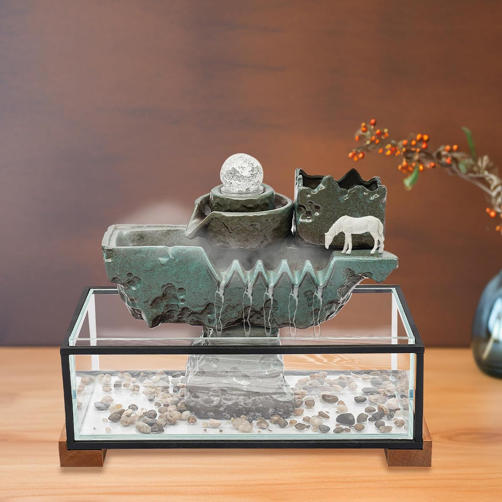 Modern Tabletop Water Fountain with LED Lights,Crystal Ball and Fish Tank, Decorative Indoor Fountain for Home Office Use,Desktop Waterfall with Horse Carving for Relaxation