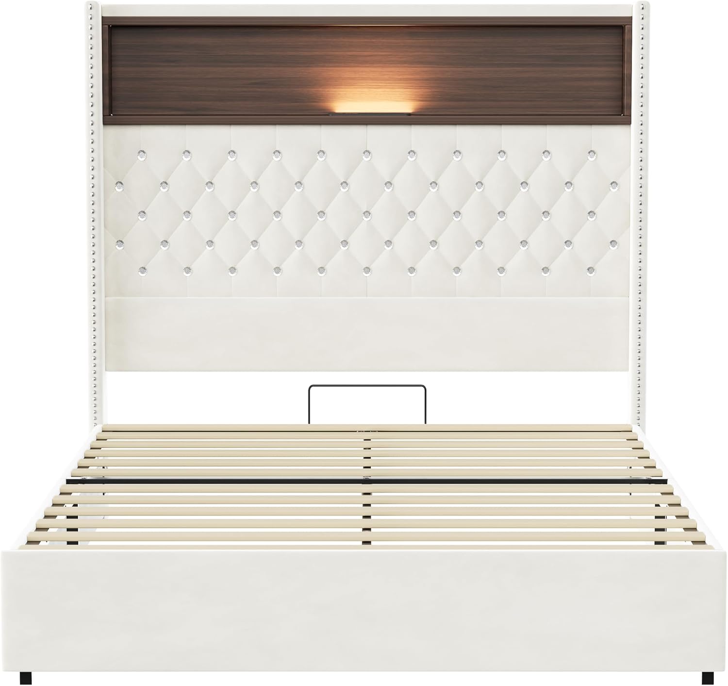 JIVOIT Full Size Bed Frame with Storage, Velvet Tufted Soft Bed Frame with 52'' High Headboard with Rivet Decoration, Wing-Back Platform Bed with Headboard Shelf, No Box Spring Needed (Beige,Full,42)