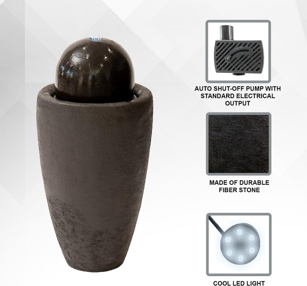 XBrand 25.98' H Black Round Stone Indoor/Outdoor Modern Sphere Water Fountain with LED Lights – Ball Bubbling Fountain Décor for Garden, Patio, or Tabletop