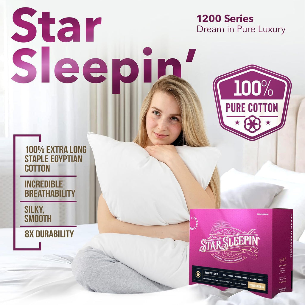 TEXAS LINEN CO. 100% Egyptian Cotton Bed Sheets Full Size - Luxury 1200 Series Star Sleepin' Collection Sheets Full Size Bed Set (4 PC, White), 17' Deep Pocket, Soft, Cooling Sateen Hotel Bedding Set
