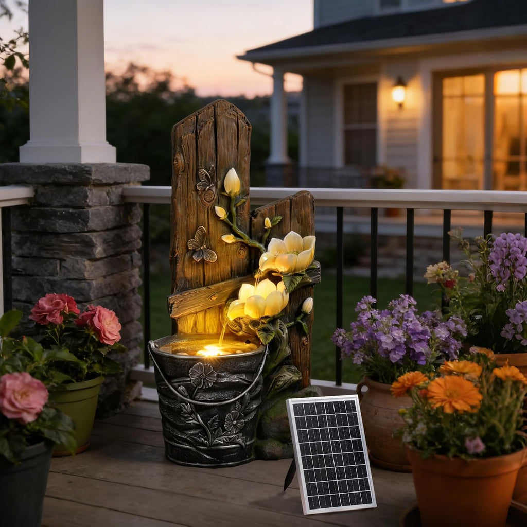 30.7' Tall Solar Water Fountain Outdoor Garden, 3 Tier Rustic Solar Powered Fountain Outdoor Faux Iron Bucket with LED Lights for Garden, Patio, Backyard, Deck, Porch, Yard