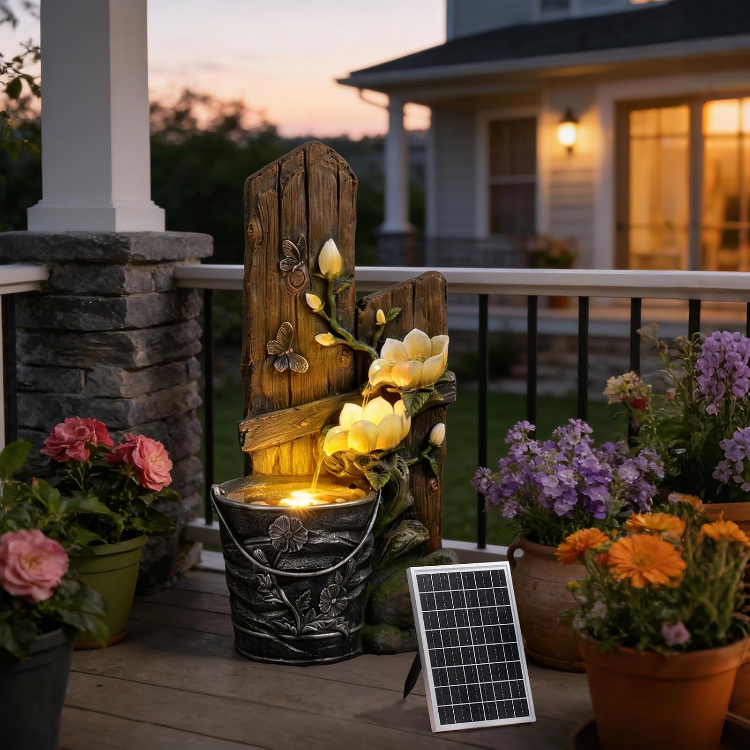 30.7' Tall Solar Water Fountain Outdoor Garden, 3 Tier Rustic Solar Powered Fountain Outdoor Faux Iron Bucket with LED Lights for Garden, Patio, Backyard, Deck, Porch, Yard