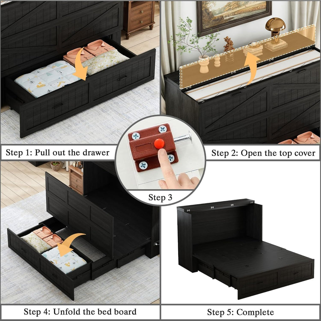 Queen Size Murphy Bed with Charging Station and Large Drawer, Farmhouse Cabinet Bed with Storage, Multifunctional Wood Hidden Folding Bed Frame for Bedroom, Black