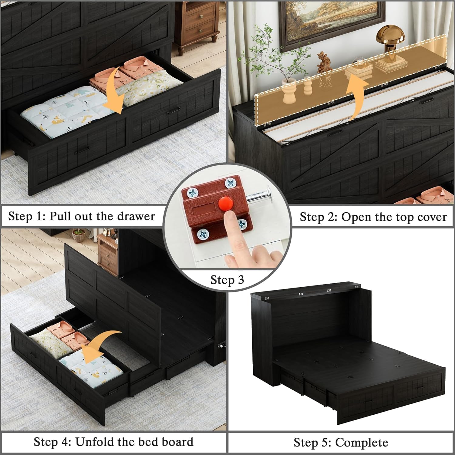 Queen Size Murphy Bed with Charging Station and Large Drawer, Farmhouse Cabinet Bed with Storage, Multifunctional Wood Hidden Folding Bed Frame for Bedroom, Black