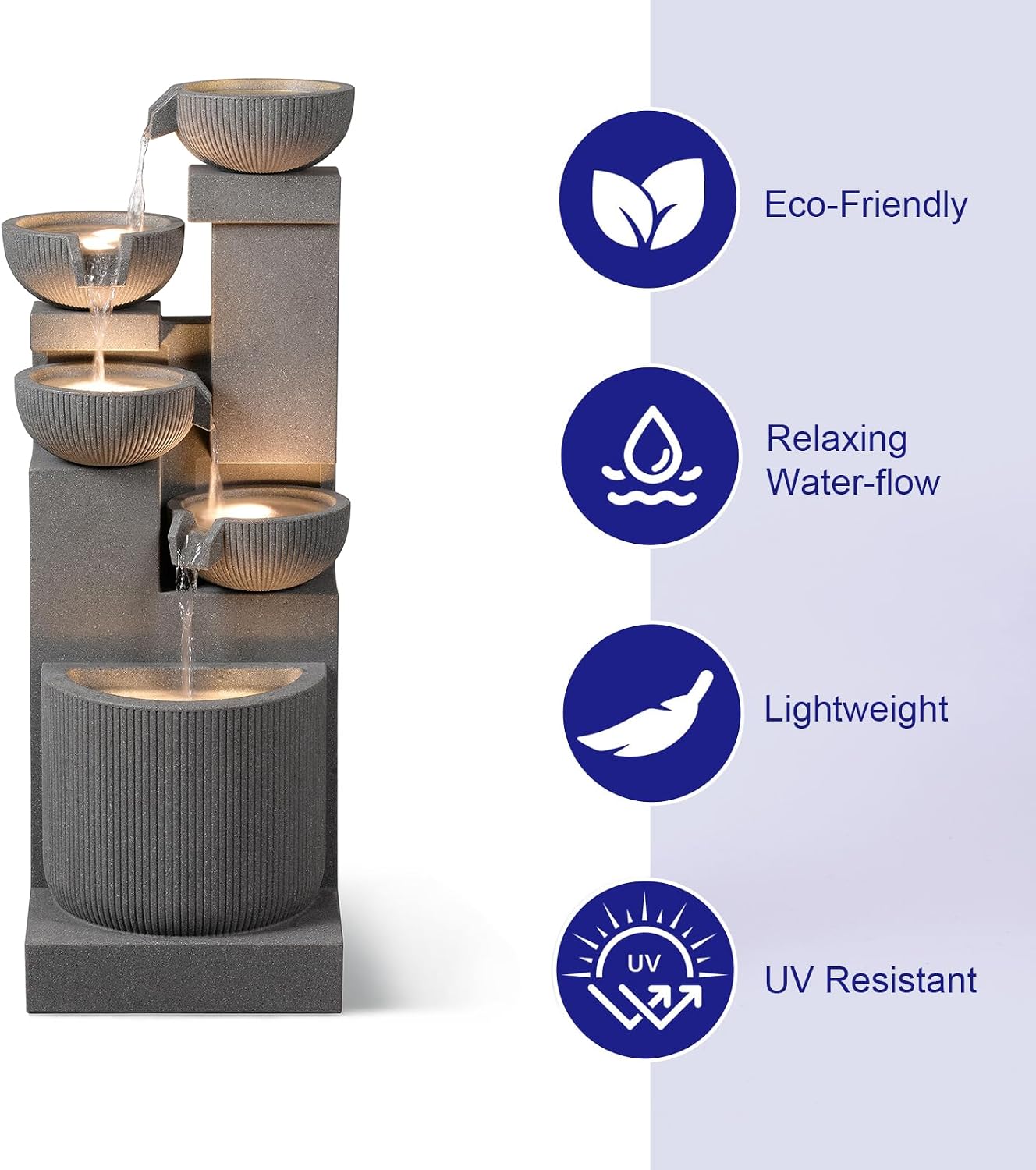 39.76' H 5-Tiers Cascading Bowls Outdoor Water Fountain Made with Eco-Friendly Recyclable Materials, Polyethylene Waterfall Fountain, Outdoor Decor with LED Lights for Patio, Backyard (39.76')