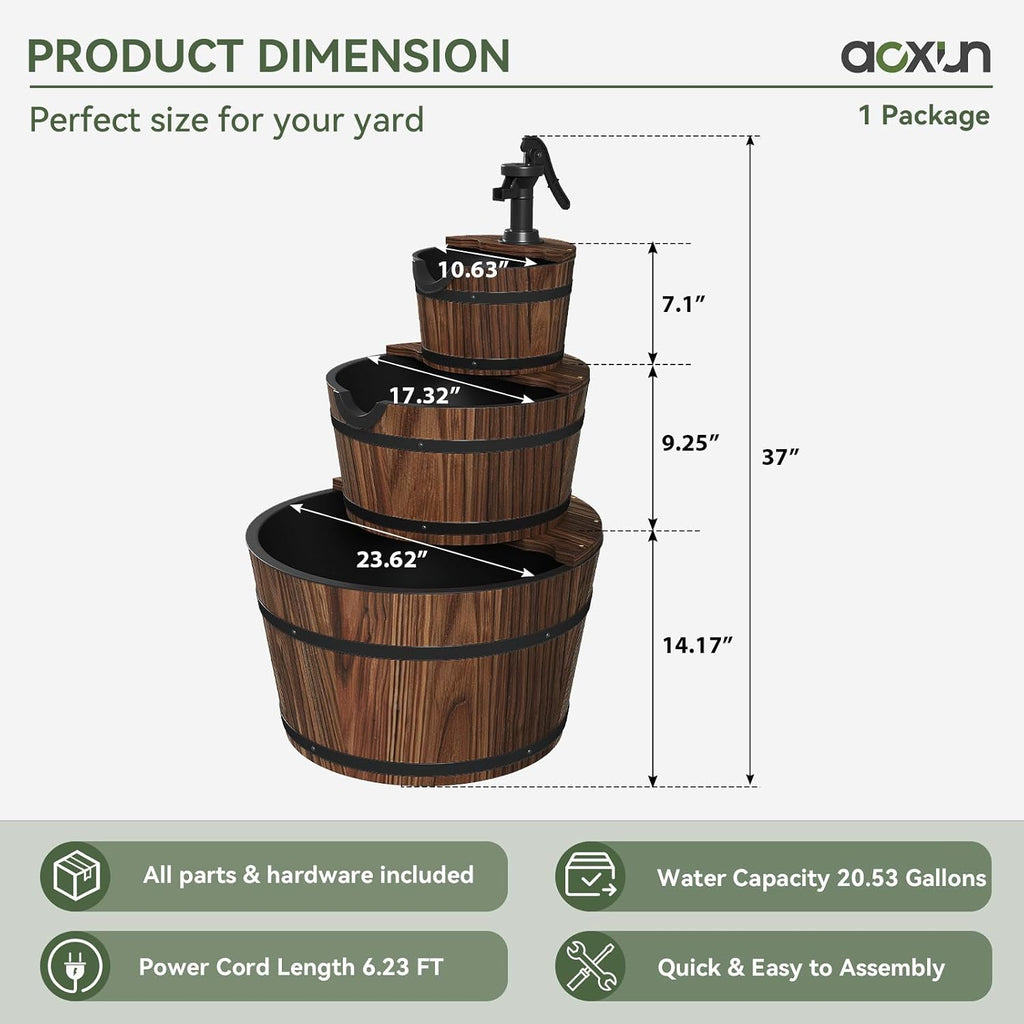 Aoxun 3-Tier Outdoor Water Fountain, Wood Barrel Cascading with Electric Decorative Hand Pump, Rustic Waterfall Fountain for Garden, Backyard, Patio, Porch, Yard