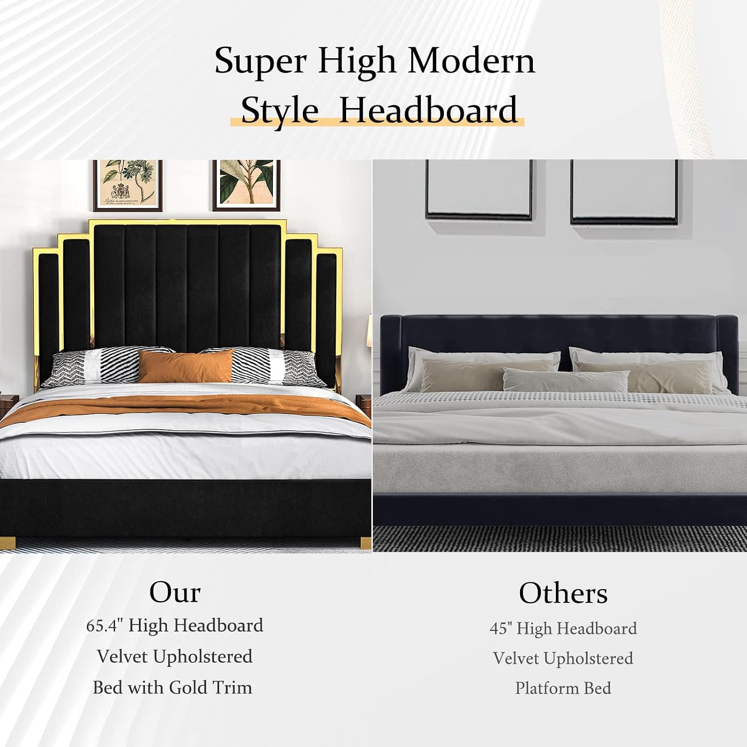 Albott California King Size Platform Bed Frame, 65' Velvet Upholstered Bed with Gold Trim Headboard/Wooden Slats/No Box Spring Needed/Black