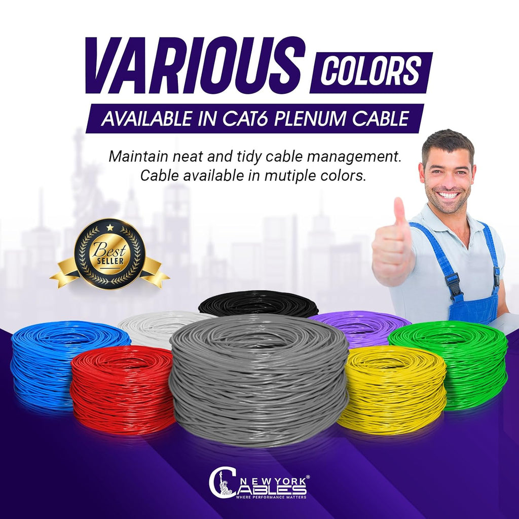 NewYork Cables | CAT6 Plenum Cable 1000ft | UTP, 550MHz, 23AWG, 4Pair 10GB | Most Certified CMP-Rated Fire-Resistant Bulk Cat 6 Ethernet Cable for Networking & Gaming (1000ft, Solid Conductor, Grey)