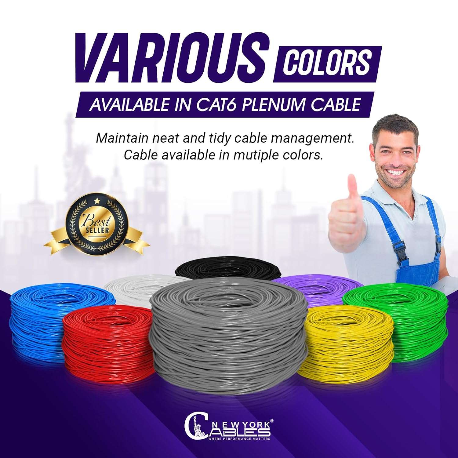 NewYork Cables | CAT6 Plenum Cable 1000ft | UTP, 550MHz, 23AWG, 4Pair 10GB | Most Certified CMP-Rated Fire-Resistant Bulk Cat 6 Ethernet Cable for Networking & Gaming (1000ft, Solid Conductor, Grey)