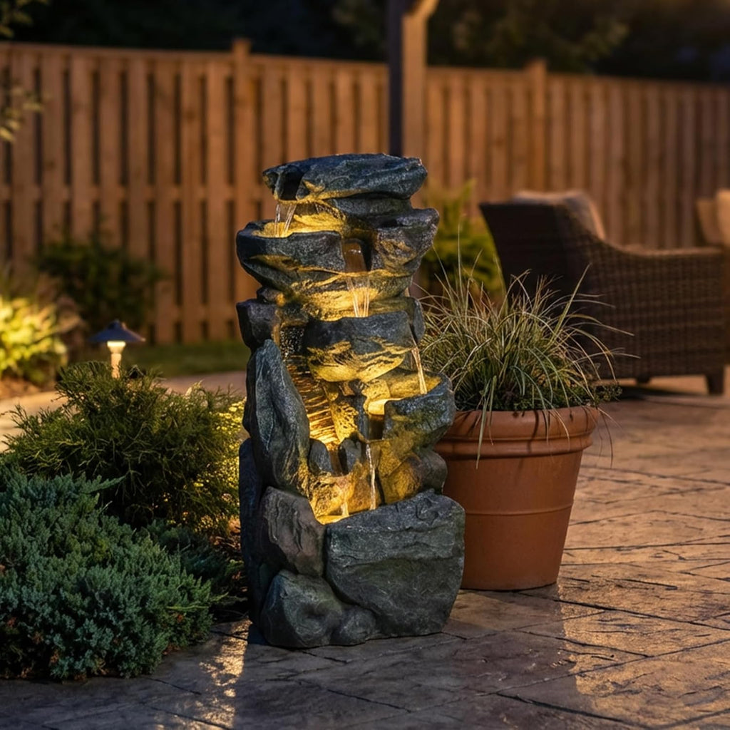 Rock Waterfall Fountain Outdoor, 31.5' Tall Resin Garden Water Feature, Cascading Stone Outdoor Fountain for Backyard Patio Yard Décor, Garden Water Fountain