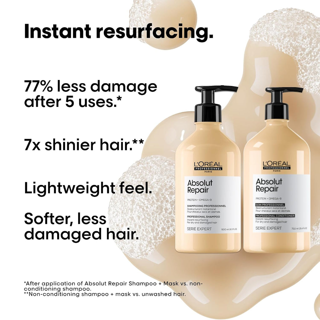 L'Oréal Professionnel Paris Absolut Repair Shampoo, Conditioner & Mask Hair Set - Protein Treatment For Dry & Damaged Hair, Repairs Damage & Provides Shine