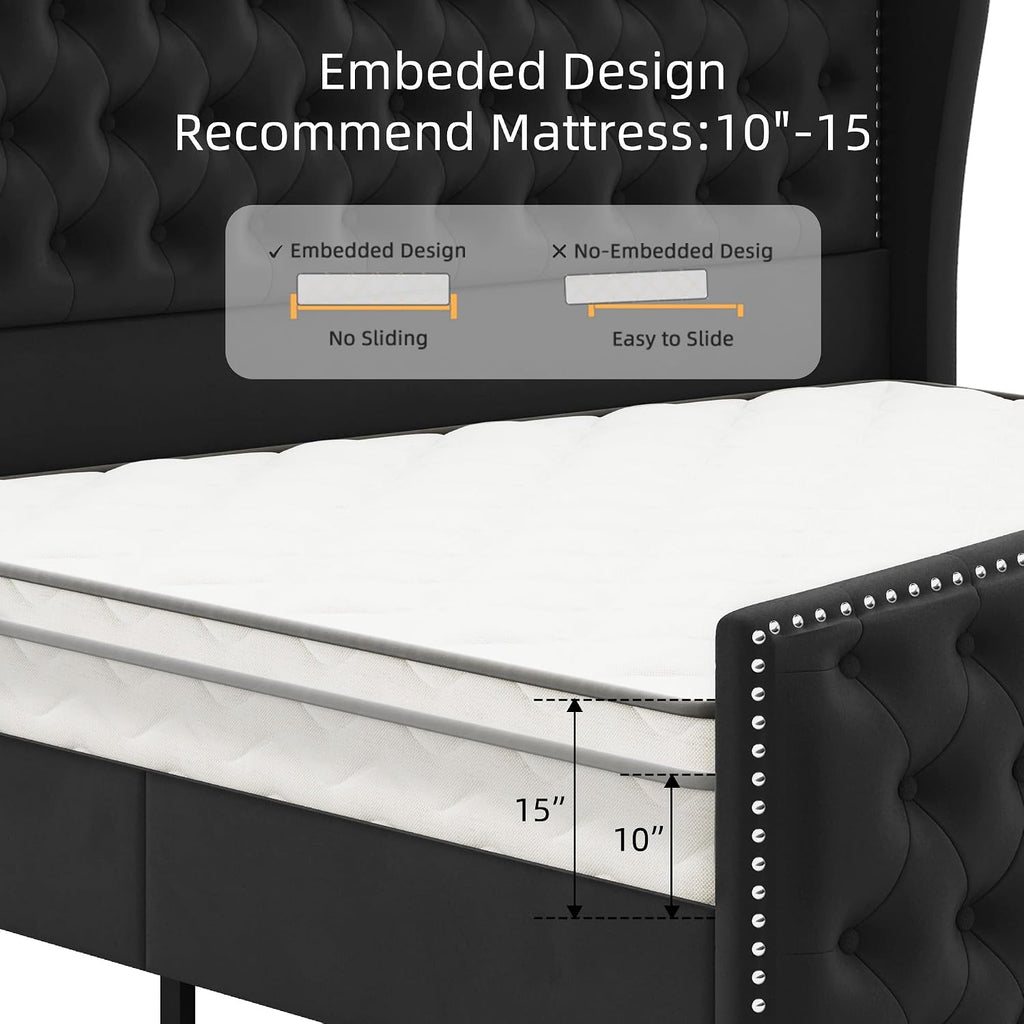 BRELTAM Upholstered Queen Size Bed Frame Velvet Black Tufted Platform Bed Frame with Wingback Headboard & Footboard, with Deep Button Tufted & Nailhead Wooden Slats Support, No Box Spring Needed
