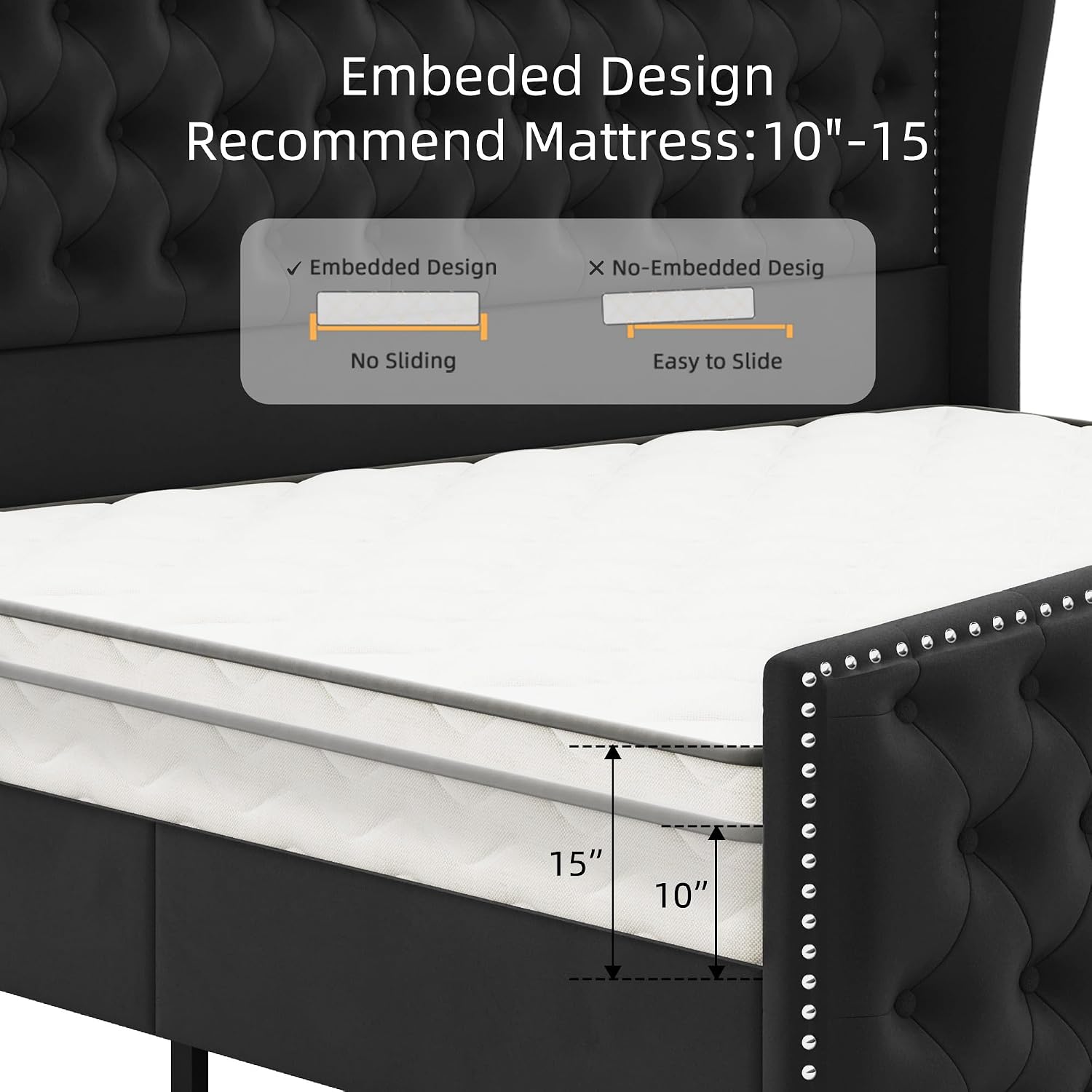 BRELTAM Upholstered Queen Size Bed Frame Velvet Black Tufted Platform Bed Frame with Wingback Headboard & Footboard, with Deep Button Tufted & Nailhead Wooden Slats Support, No Box Spring Needed