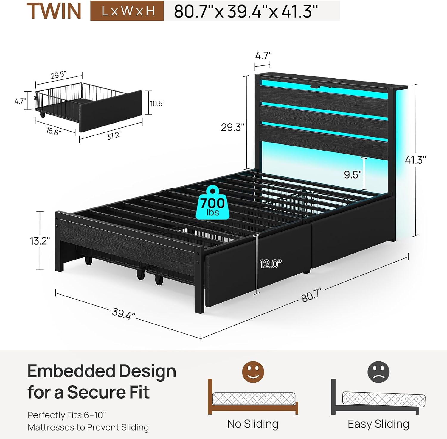 Rolanstar Twin Bed Frame with 4 Drawers, LED Lights and Charging Station, Metal Platform Bed with Storage Headboard, Noise Free, Easy Assembly, No Box Spring Needed, Black