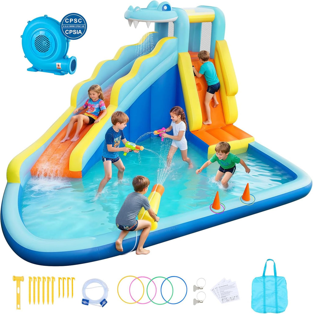 VEVOR Inflatable Crocodile Bounce House with Blower, 6-in-1 Kids Water Park with Slide, Splash Pool, Water Cannon, Ring Toss & Climbing Wall, Backyard Bouncy Castle for Kids Party Gifts