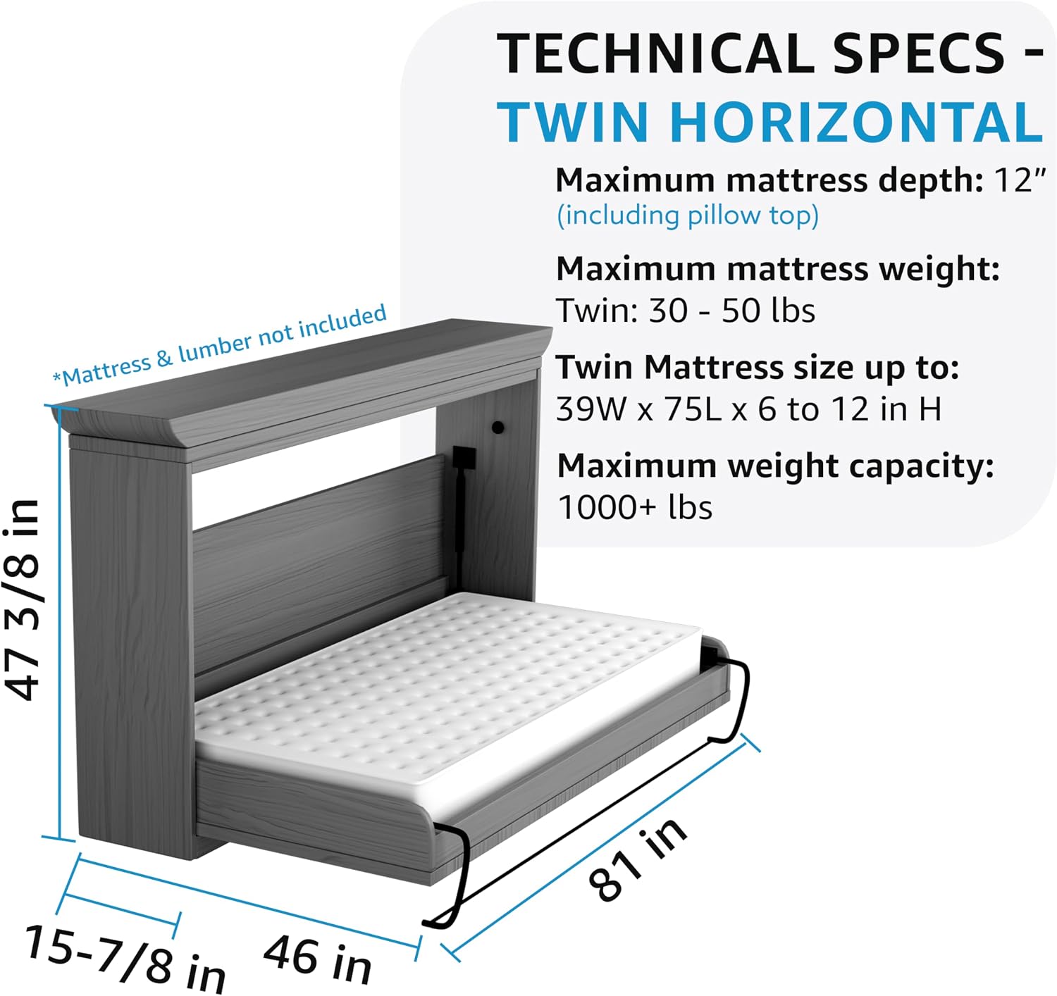 Create-A-Bed Twin Size Deluxe Murphy Bed Kit, Horizontal
