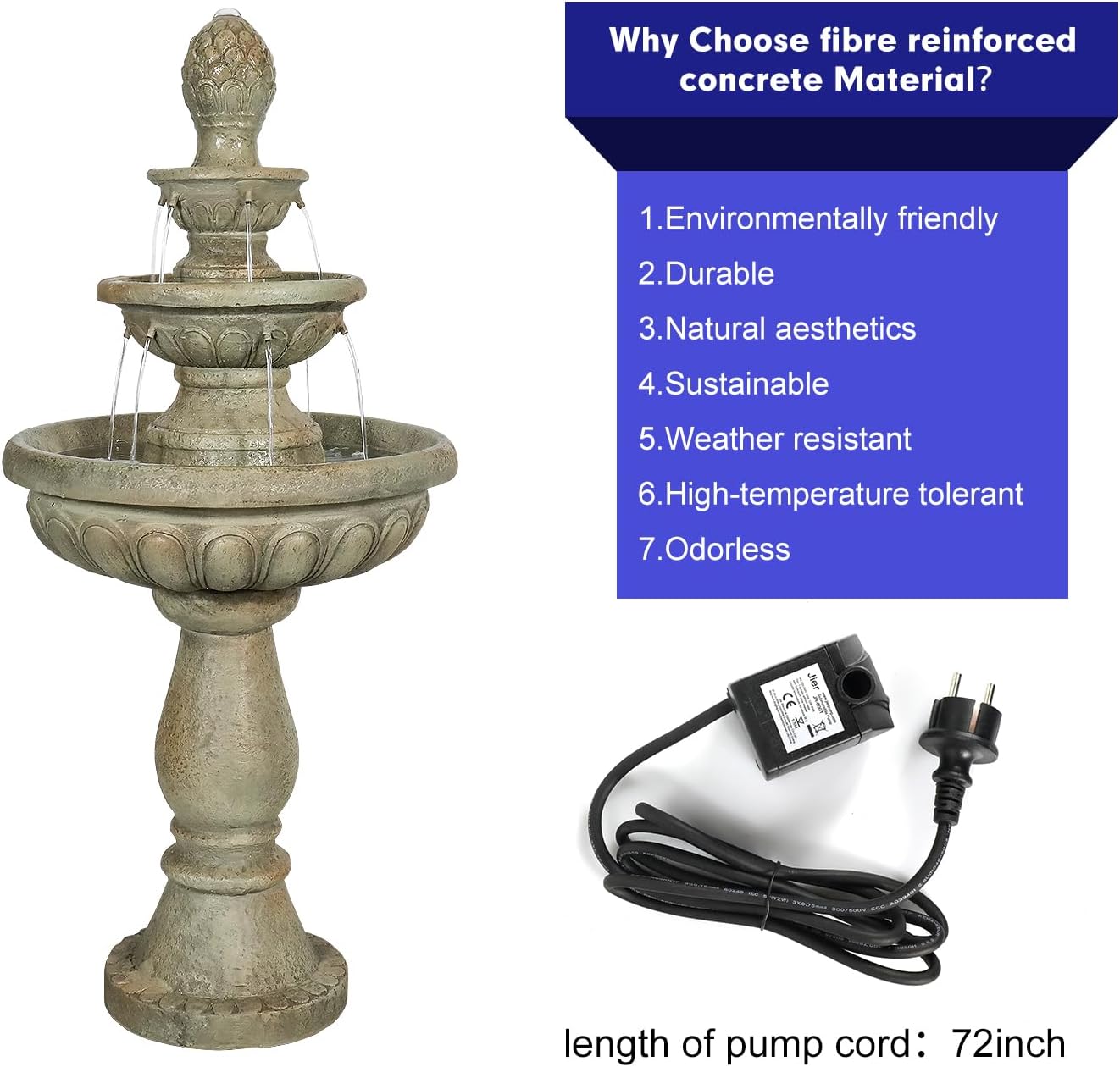 SunJet 42.5' High 3-Tiers Modern Concrete Outdoor Water Fountain - Round Large Outdoor Fountains and Waterfalls for Garden, Patio, Yard, and Deck Decor, Featuring Natural Stone Look