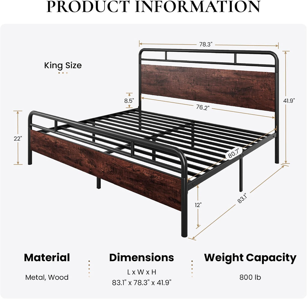 SHA CERLIN King Size Bed Frame with Wooden Headboard and Footboard, Rounded Corner Metal Structure, Heavy Duty Slats with Under-Bed Storage, No Box Spring Needed, Mahogany