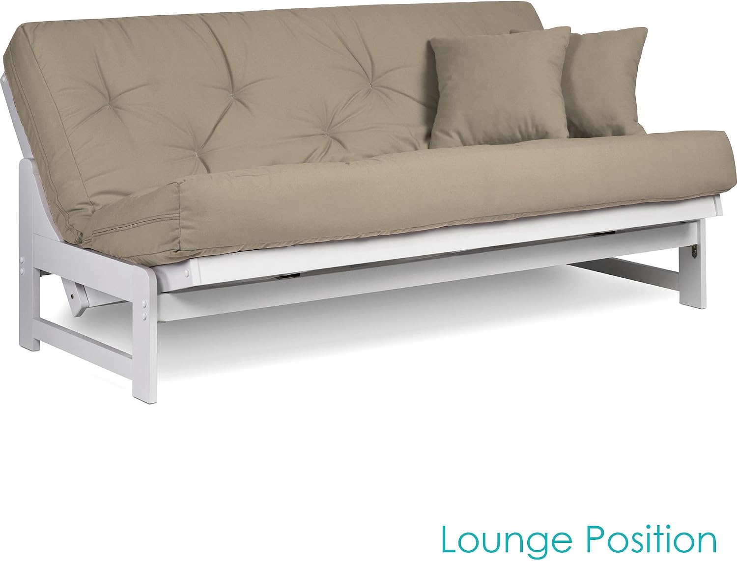 Nirvana Futons Arden White Futon Set Full or Queen Size - Armless Wood Futon Frame with Mattress Included (Twill Khaki), Space Saving Modern Sofa Bed Sleeper