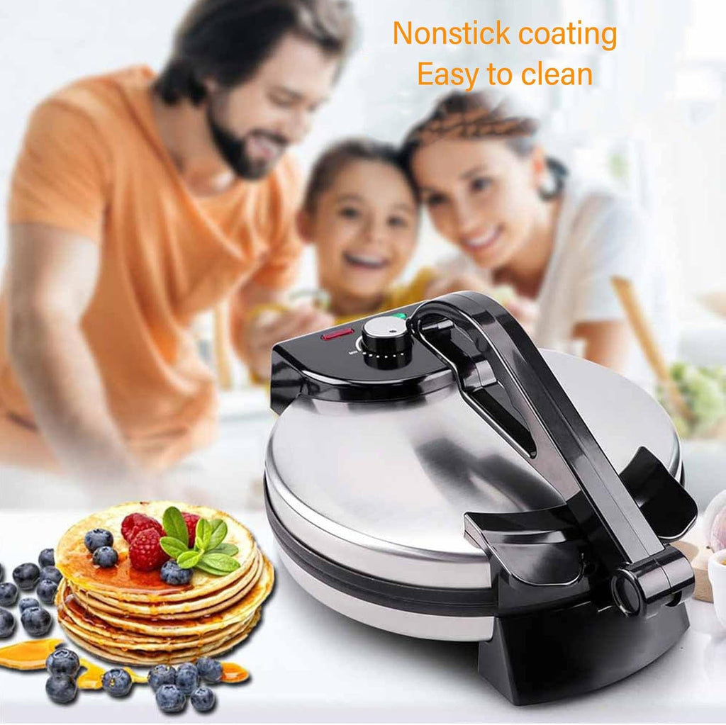 Tortilla Press 10 inch, Electric Tortilla Maker Knob Temperature Control Anti Stick Roti Maker Machine with Stainless Steel Cover