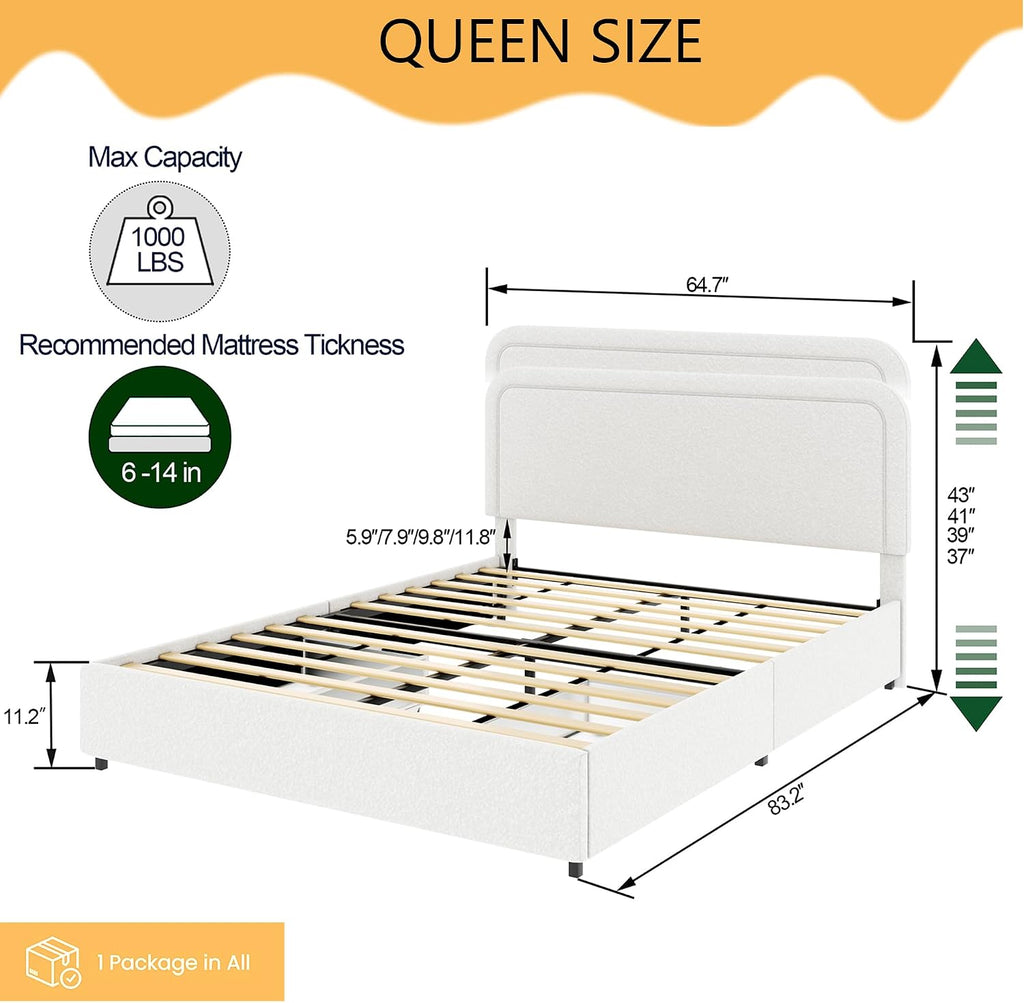 Queen Size Ivory Boucle Upholstered Platform Bed Frame with 4 Storage Drawers, Adjustable Curved Tufted Headboard, Heavy Duty Metal Frame (Boucle, Curved Headboard, Ivory, 4 Drawers)