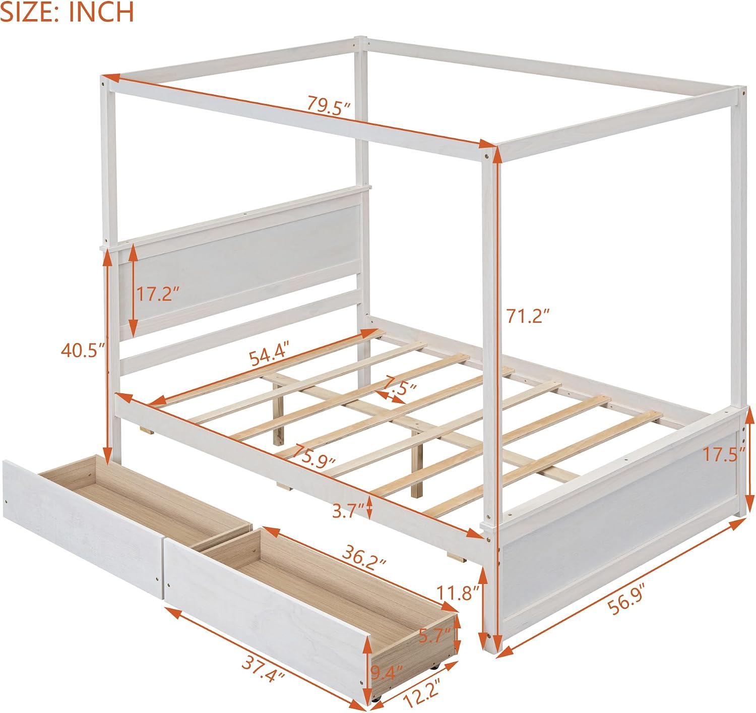 Harper & Bright Designs Wood Canopy Bed with Two Drawers, Full Size Canopy Platform Bed with Support Slats .No Box Spring Needed, Brushed White