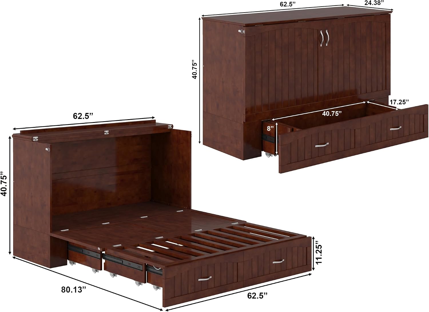 AFI, Southampton Murphy Bed Chest Queen with 6' Mattress, Storage Drawer & Built-in USB Charger, Walnut
