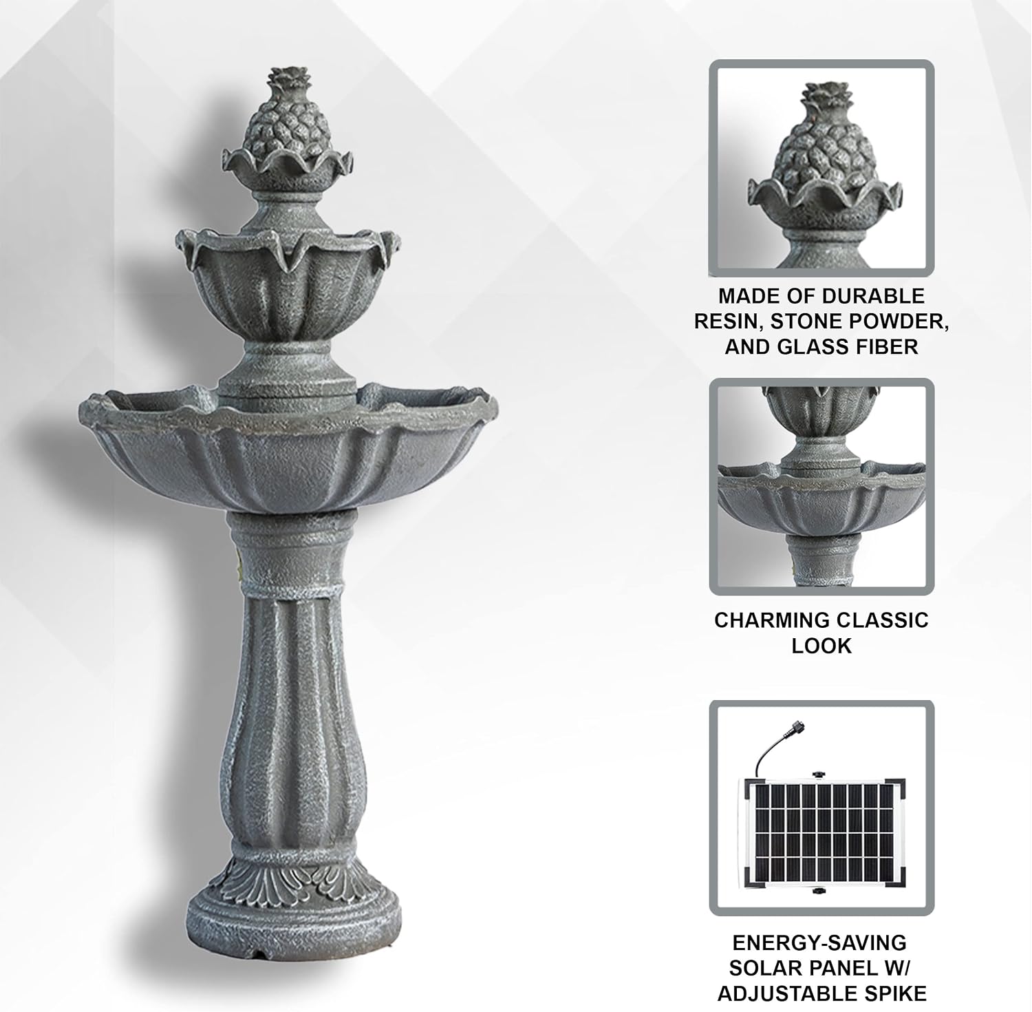 XBrand 36.2' Solar Powered 2-Tier Outdoor Water Fountain, Resin Fountain with Solar Panel Pump, Gray