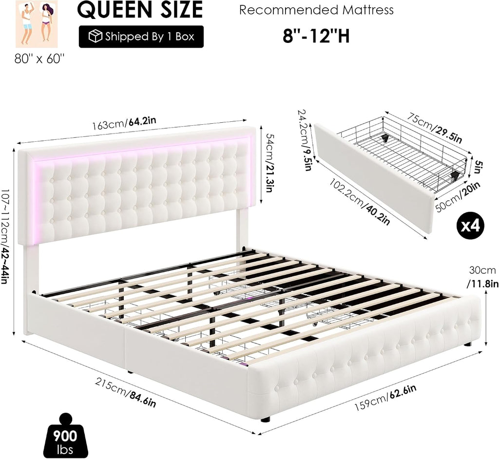HIFIT Upholstered LED Bed Frame Queen Size with Charging Station and 4 Storage Drawers, Velvet Button Tufted Queen Platform Bed with Adjustable Headboard, No Box Spring Needed, Easy Assembly, Beige
