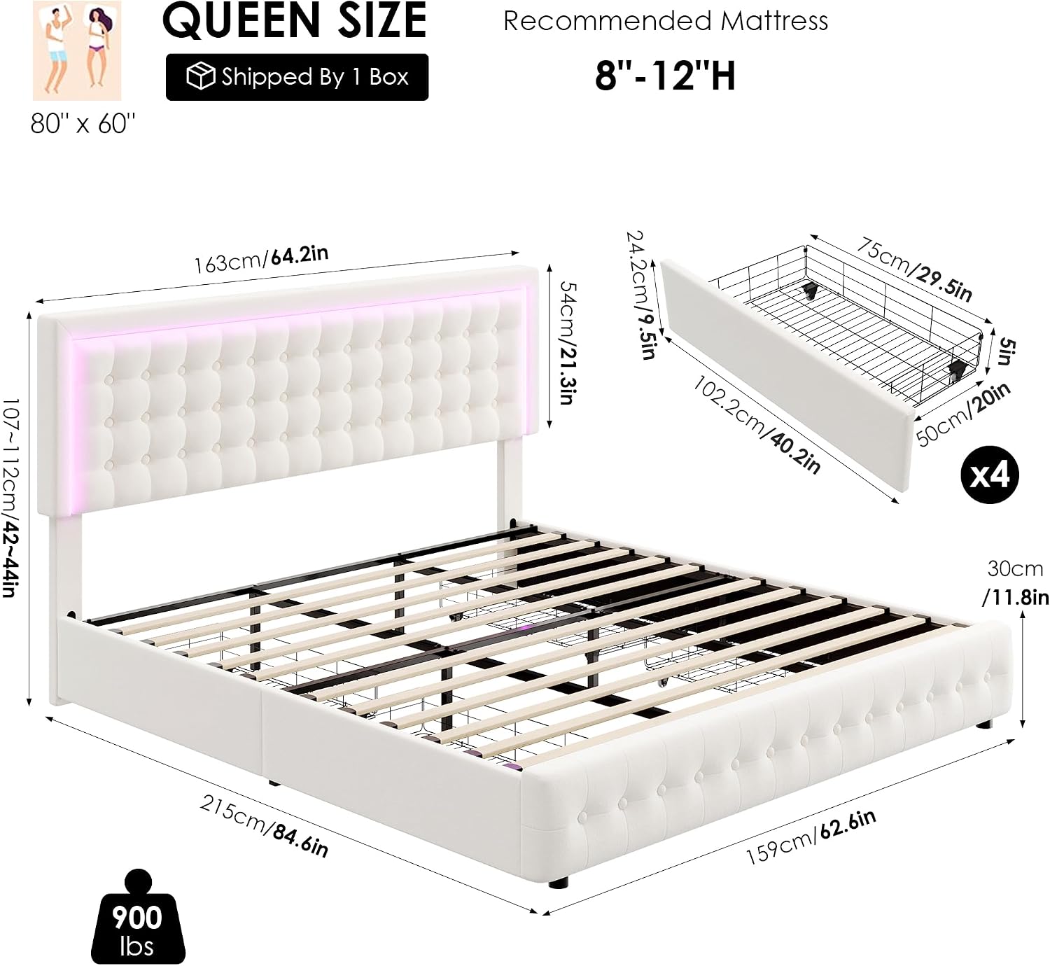 HIFIT Upholstered LED Bed Frame Queen Size with Charging Station and 4 Storage Drawers, Velvet Button Tufted Queen Platform Bed with Adjustable Headboard, No Box Spring Needed, Easy Assembly, Beige