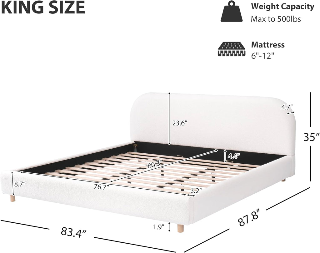 JIVOIT King Size Platform Bed with Curve-Shaped Design Headboard, Boucle Fabric Upholstered Platform Bed with Strong Support, Modern Bed Frame, No Box Spring Needed, Easy Assembly (White,King,8)