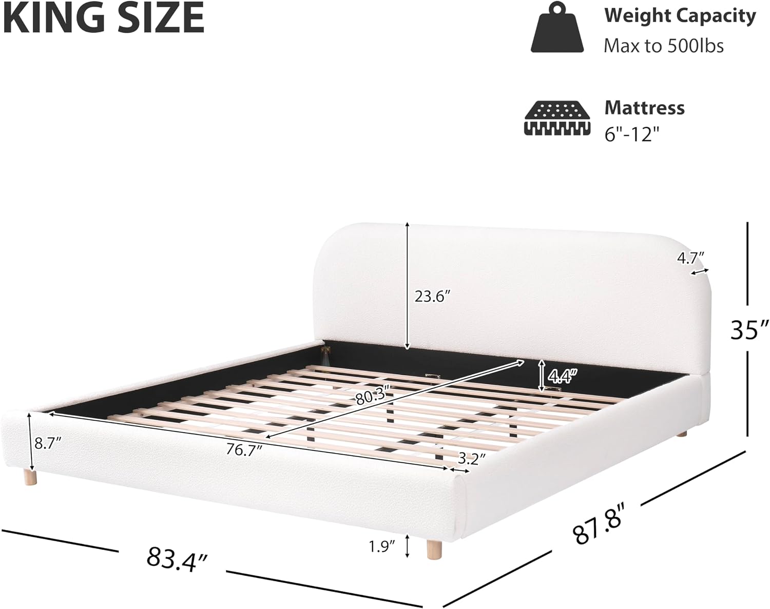 JIVOIT King Size Platform Bed with Curve-Shaped Design Headboard, Boucle Fabric Upholstered Platform Bed with Strong Support, Modern Bed Frame, No Box Spring Needed, Easy Assembly (White,King,8)