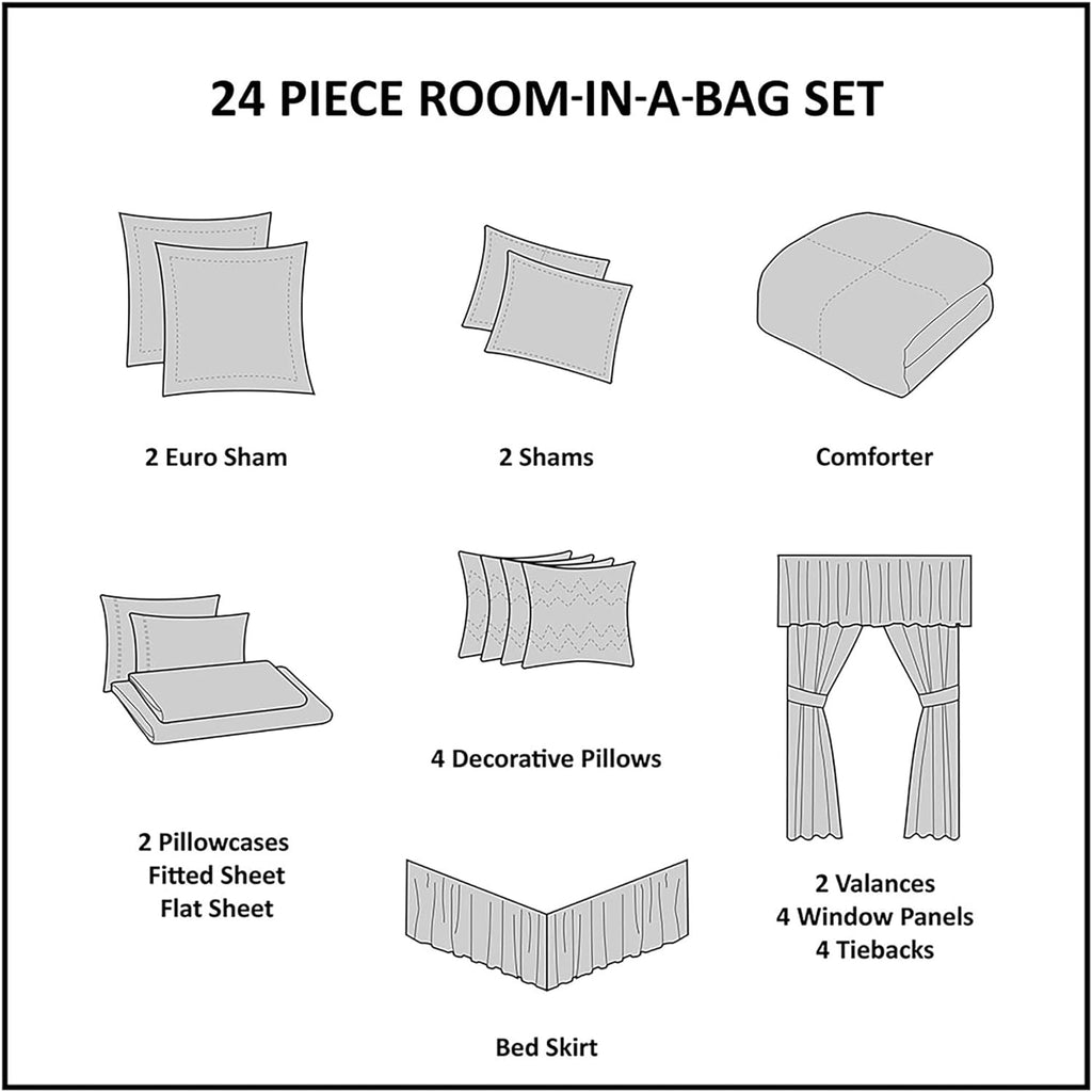 Madison Park Essentials Brystol 24 Piece Room in a Bag Faux Silk Comforter Jacquard Paisley Design Matching Curtains Down Alternative All Season Bedding-Set, Queen(90 in x 90 in), Black 24 Piece
