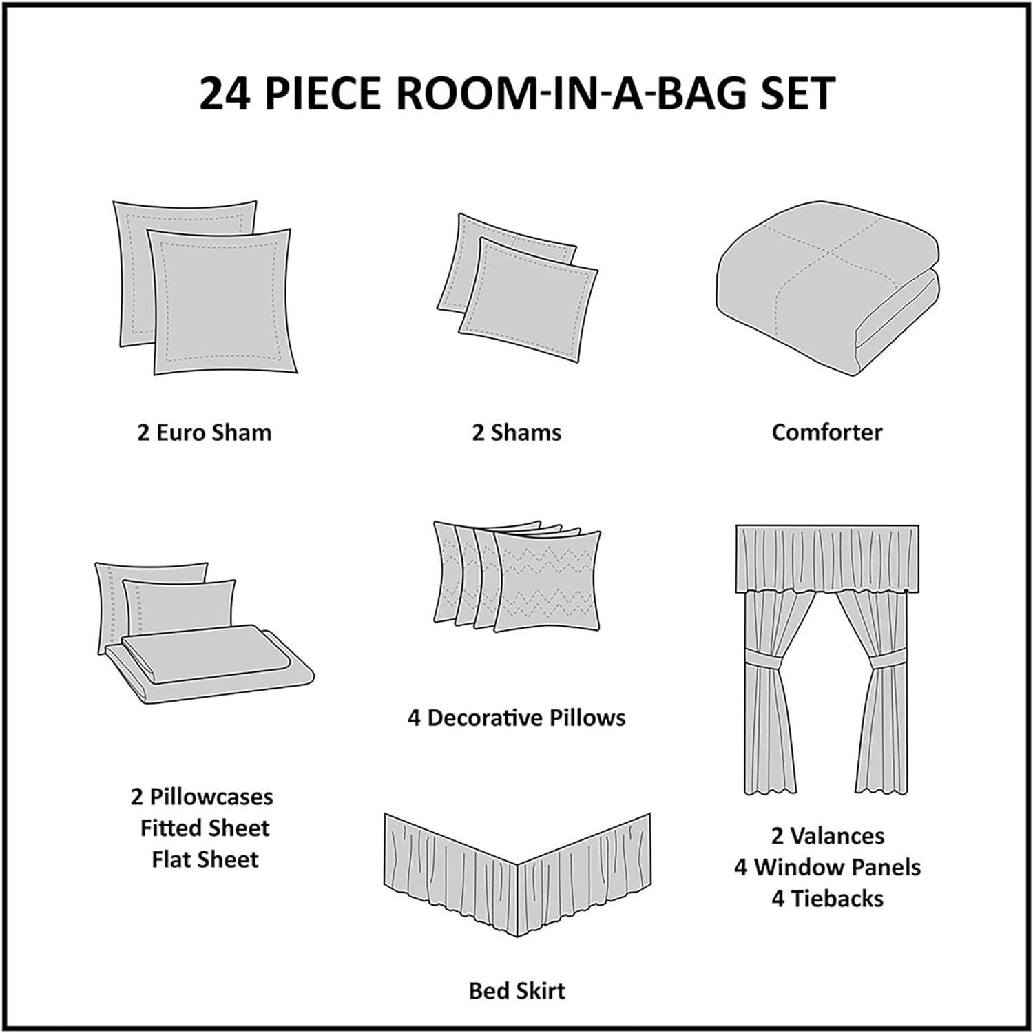 Madison Park Essentials Brystol 24 Piece Room in a Bag Faux Silk Comforter Jacquard Paisley Design Matching Curtains Down Alternative All Season Bedding-Set, Queen(90 in x 90 in), Black 24 Piece