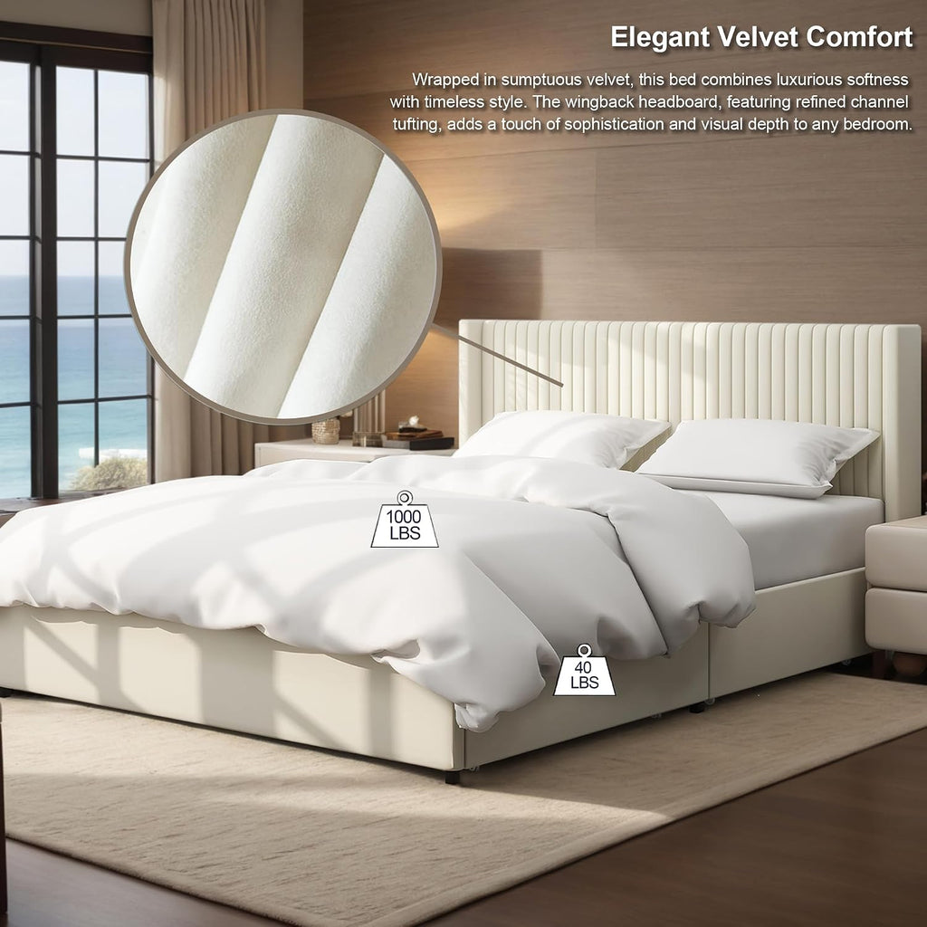 Queen Size Storage Bed Frame with 2 Drawers, Ivory Velvet Upholstered Wingback Platform Bed, Vertical Channel Tufted Headboard, Metal Frame Support, No Box Spring Needed | 2 Drawers, Metal Frame Support, No Box Spring Needed, Quick-Setup Tooling