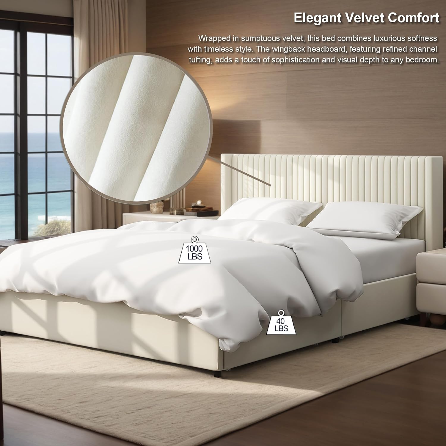 Queen Size Storage Bed Frame with 2 Drawers, Ivory Velvet Upholstered Wingback Platform Bed, Vertical Channel Tufted Headboard, Metal Frame Support, No Box Spring Needed | 2 Drawers, Metal Frame Support, No Box Spring Needed, Quick-Setup Tooling