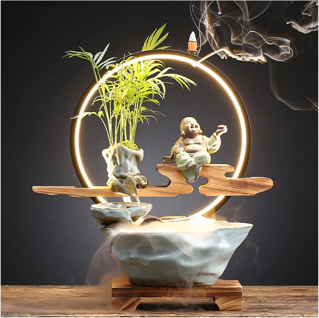 Ceramics Indoor Water Fountains Home Lucky Circulation Flowing Water Ornament Living Room Desktop Office Fountain with Mist and Backflow Incense Holder (Color : E)