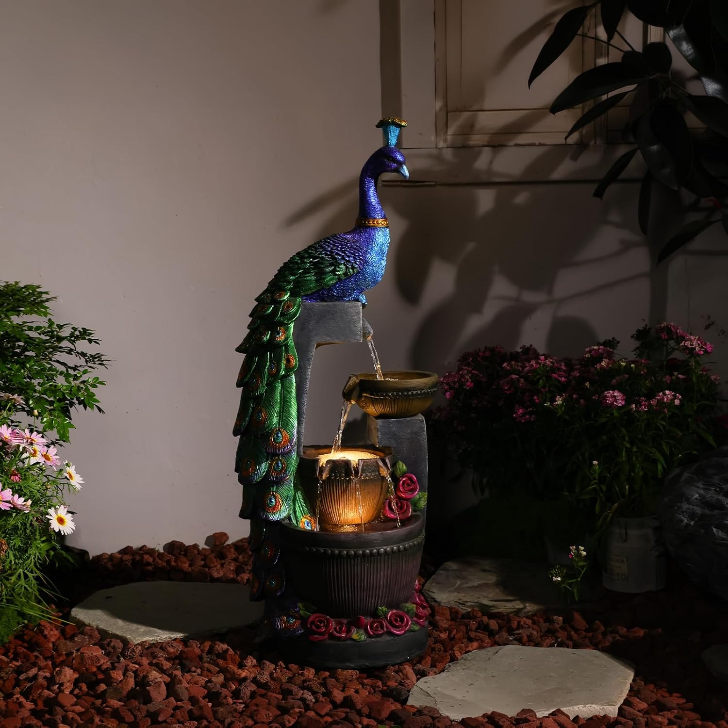 Tankana Outdoor Water Fountain 41' H Cascading Peacock Waterfall Fountain with LED Lights & Pump Tiered Water Feature for Garden, Patio, Backyard, Deck, and Porch Decor